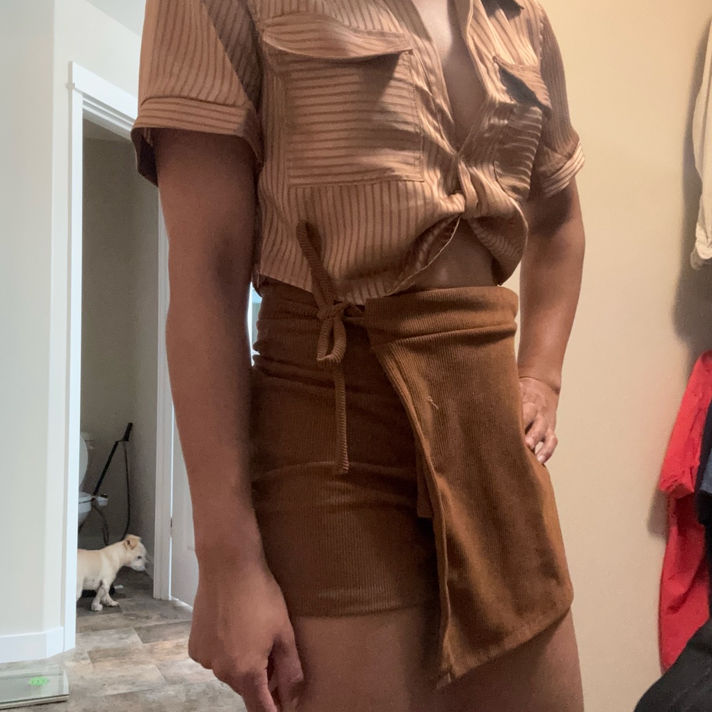 Brown Striped Tie-Front Shirt And Skirt Set